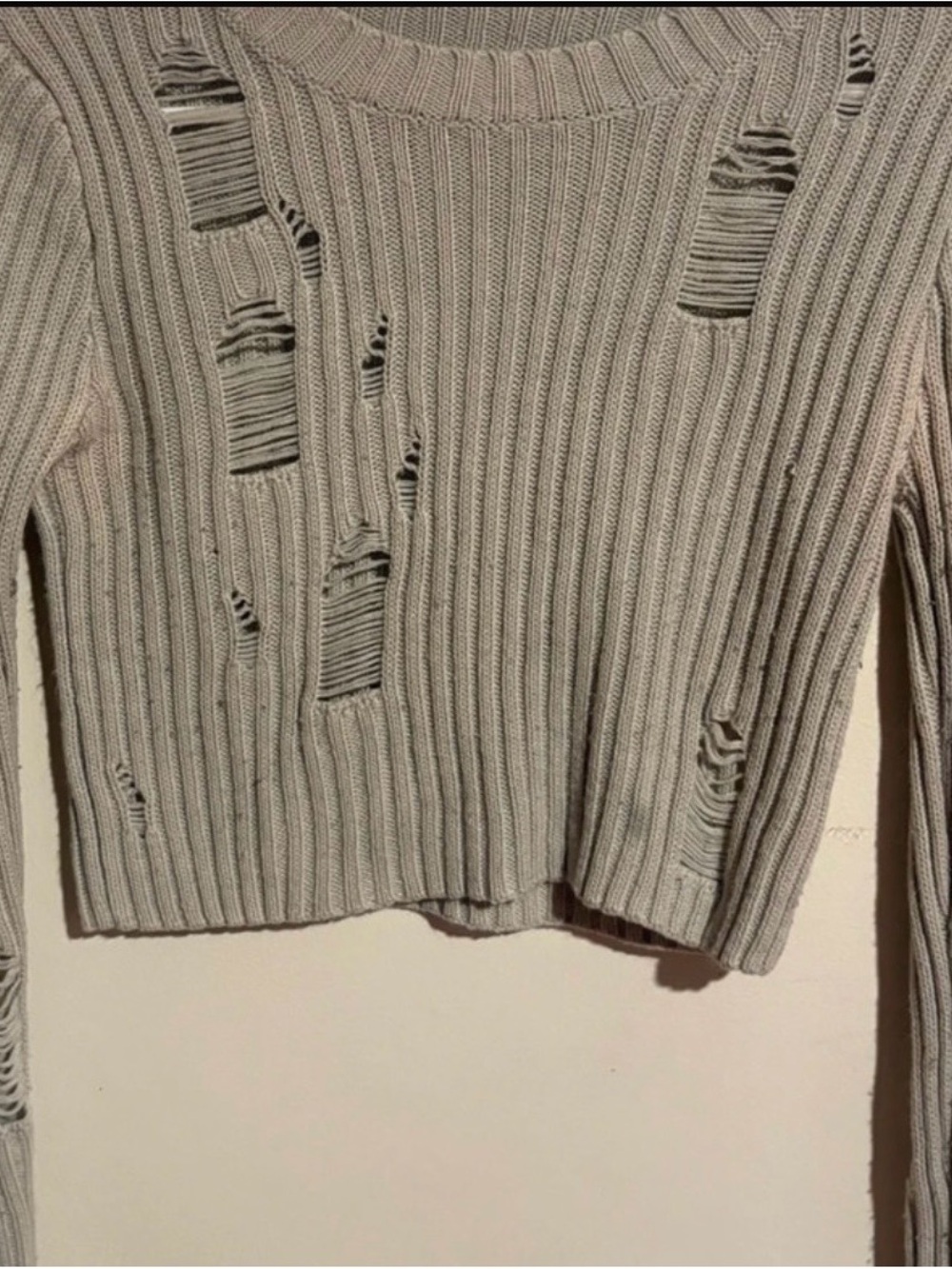 Ribbed Distressed Crop Sweater - Light Taupe